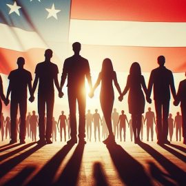 Silhouette of people holding hands in front of a huge American flag represents 20th-century social movements