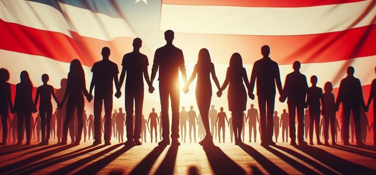 Silhouette of people holding hands in front of a huge American flag represents 20th-century social movements