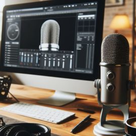 A podcast setup on a desk with a desktop computer and professional microphone.