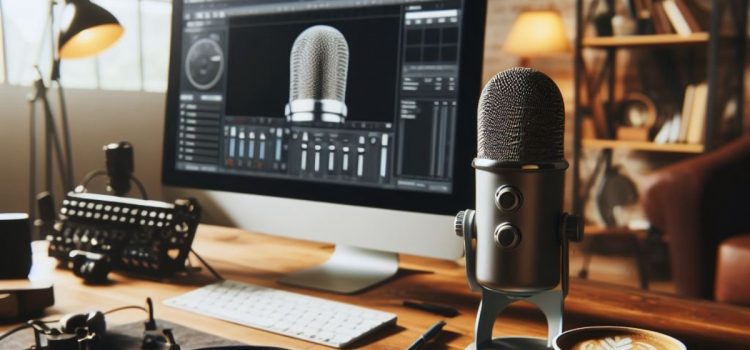 A podcast setup on a desk with a desktop computer and professional microphone.