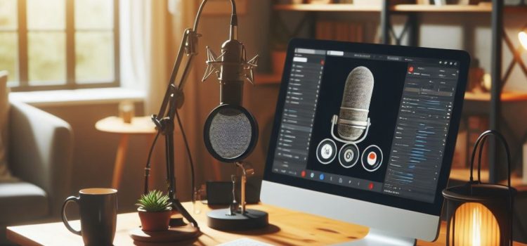 A podcast setup on a desk with a computer and microphone.