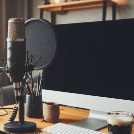 A podcast setup with a Mac computer and microphone.