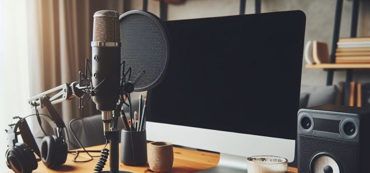 A podcast setup with a Mac computer and microphone.