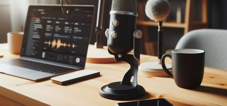 A podcast setup with a microphone, laptop, and mug on a desk.