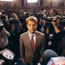 A male politician surrounded by people pointing cameras and microphones at him, representing politics in media.