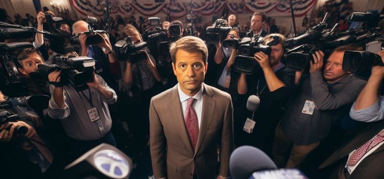 The Role of Politics in Media—According to Former Press Secretary A male politician surrounded by people pointing cameras and microphones at him, representing politics in media.