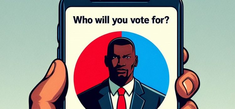 An image of a presidential candidate below "Who will you vote for" on a smartphone.