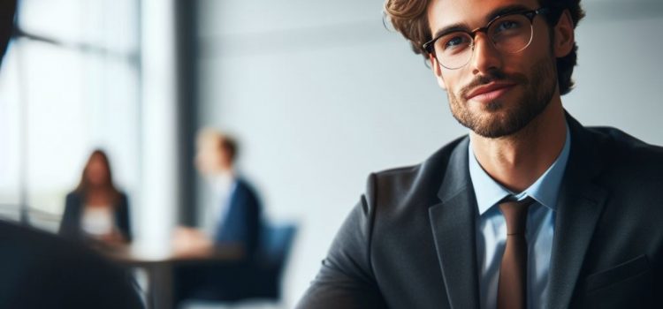 A professional man wearing glasses and a suit and a tie doing journalism interviewing.