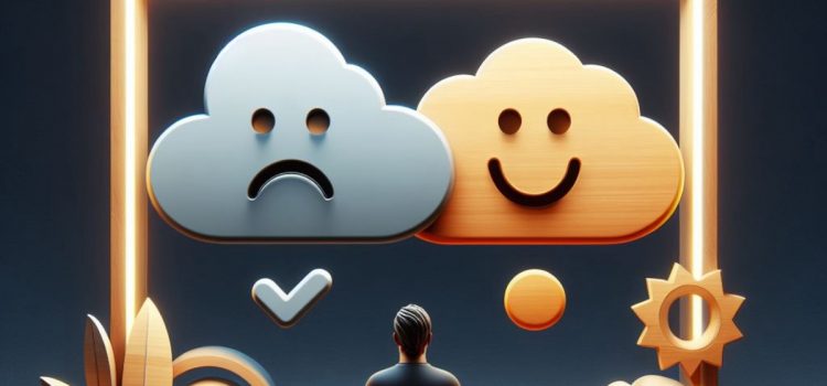 A man looking at a frame with clouds who have happy and frowning faces.