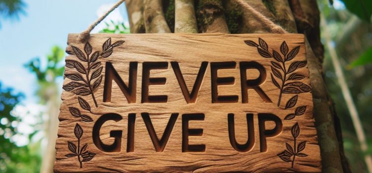 A "NEVER GIVE UP" wooden sign hanging outside.