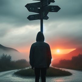 A silhouette of a person wearing a hoodie facing a crossroad sign in nature.