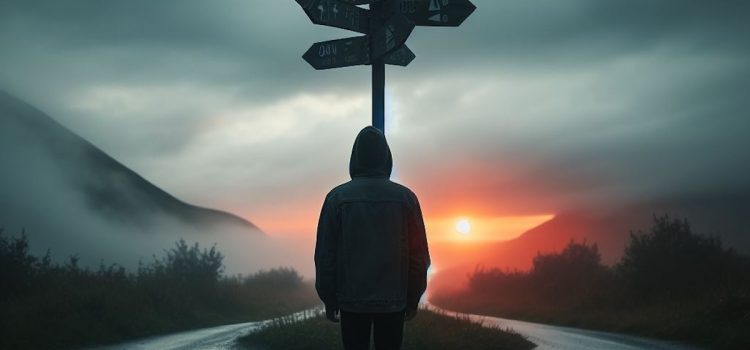 A silhouette of a person wearing a hoodie facing a crossroad sign in nature.
