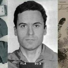A split image of evidence, Ted Bundy's mugshot, and a handprint from Ted Bundy's murders.