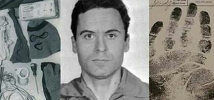 A split image of evidence, Ted Bundy's mugshot, and a handprint from Ted Bundy's murders.