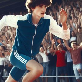A teenage boy sprinting on a track with people cheering him on in the stands.
