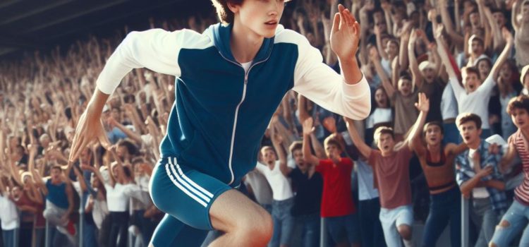 A teenage boy sprinting on a track with people cheering him on in the stands.