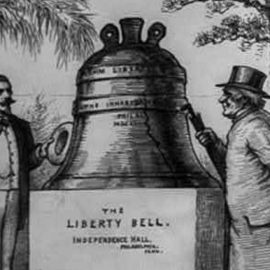 The history of the Liberty Bell illustrated through its hanging in Independence Hall in Philadelphia