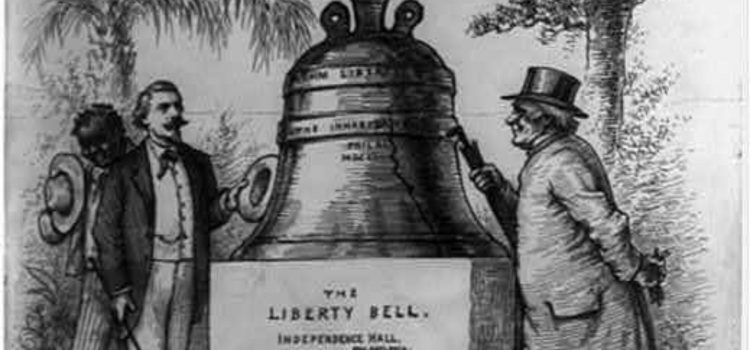 The history of the Liberty Bell illustrated through its hanging in Independence Hall in Philadelphia