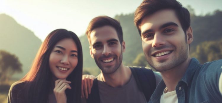 Three friends smiling in a selfie.