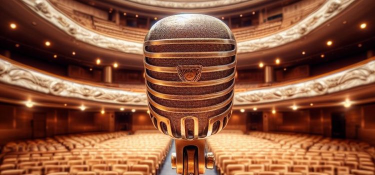 A gold vintage microphone in front of an empty auditorium.