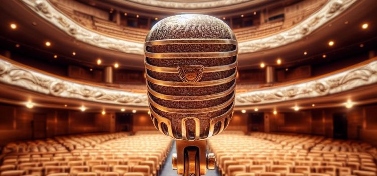 Darlene Love on Family and Possibly Quitting Music A gold vintage microphone in front of an empty auditorium.