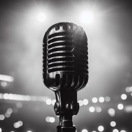 A black and white image of stage lights behind a microphone used for beginner stand-ups.