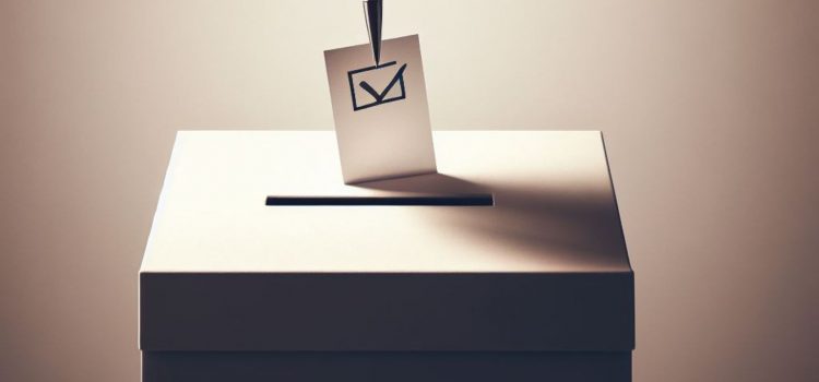 A pen putting a ballot with a checkmark into a voter box.