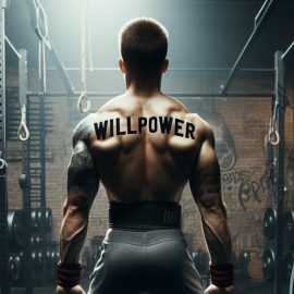 a strong weightlifter with the word "willpower" on his back illustrating how to strengthen your willpower