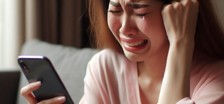 A woman crying while looking at her smartphone.