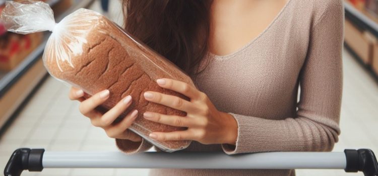 A woman in a grocery store holding bread and contemplating why groceries are so expensive