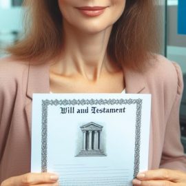 A woman smiling while holding a document titled "Will & Testament."