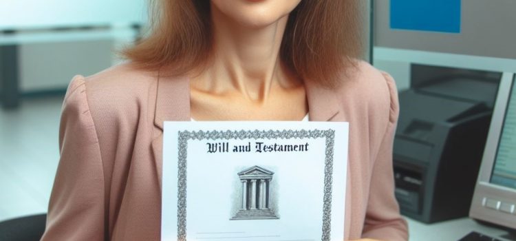 A woman smiling while holding a document titled "Will & Testament."
