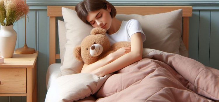 A woman using the best breathing techniques for sleep while holding a teddy bear and sleeping in bed.