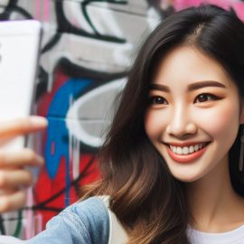 A woman taking a selfie with a phone in front of a graffitied wall, helping her influencer career.