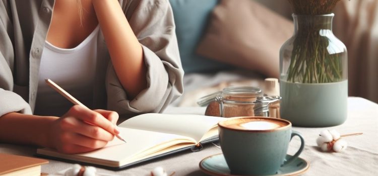 A woman writing in a journal with a cup of coffee beside her on a desk.