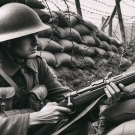 A World War I soldier holding a gun behind cover.