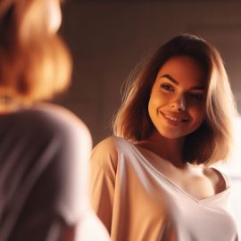A woman smiling at a mirror who is representing good self-esteem for women.