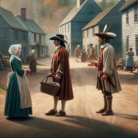 Colonists and a Native American in the street of a small village illustrate the history of colonial America