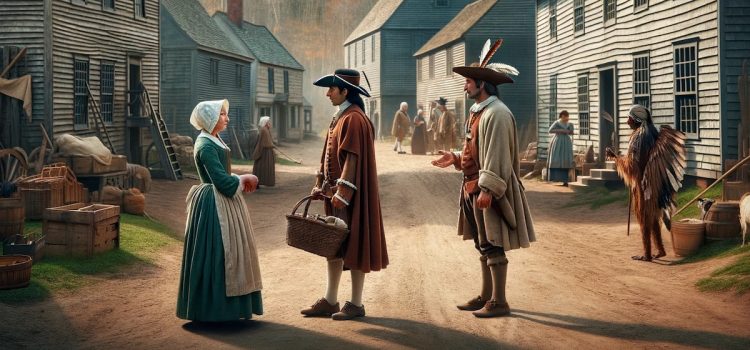 Colonists and a Native American in the street of a small village illustrate the history of colonial America