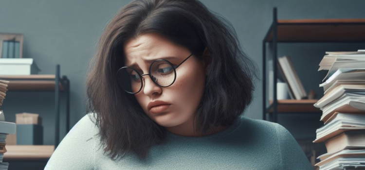 A woman wearing glasses and looking stressed with piles of papers, wondering how to prioritize her workload