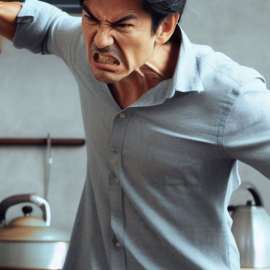 An angry man feeling low-frequency emotions throwing a cup in the kitchen.