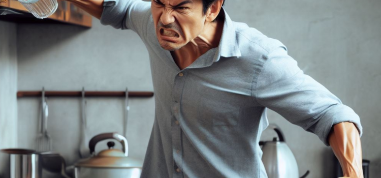 An angry man feeling low-frequency emotions throwing a cup in the kitchen.
