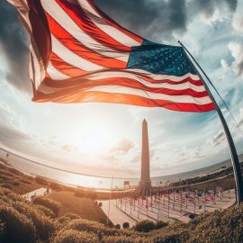 An American flag flying over a field of flags, an obelisk, and the coastline illustrates the history of modern America