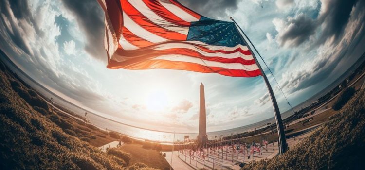 An American flag flying over a field of flags, an obelisk, and the coastline illustrates the history of modern America