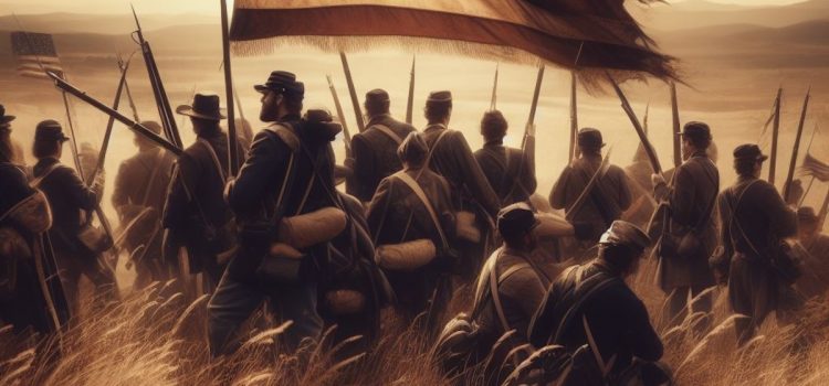 A People’s History of the Civil War (Howard Zinn) Union troops and flag on a battlefield illustrate a people's history of the Civil War in America