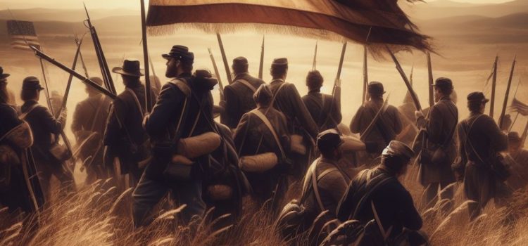 Union troops and flag on a battlefield illustrate a people's history of the Civil War in America