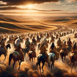 Hundreds of Native Americans ride horses toward the west across a vast landscape as a result of the Indian removal policy