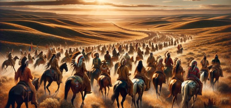 Hundreds of Native Americans ride horses toward the west across a vast landscape as a result of the Indian removal policy