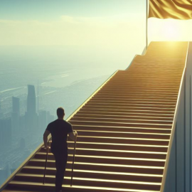 A man walking up steps above a city illustrates how to take action on your goals