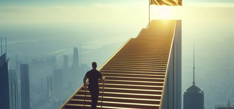 A man walking up steps above a city illustrates how to take action on your goals